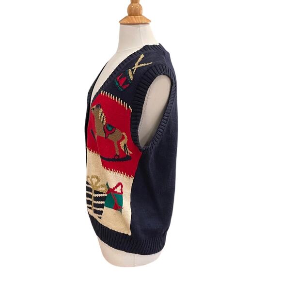 Lauren Gayle Navy, Red, Christmas Patchwork Sweater Vest, Nutcracker, Holly, M - Picture 3 of 15